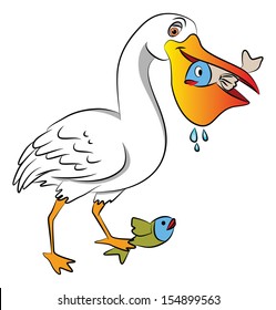 Vector illustration of duck with one fish in beak and the other below her foot.