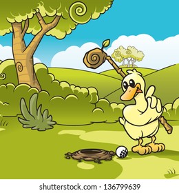 Vector illustration of a duck playing golf.