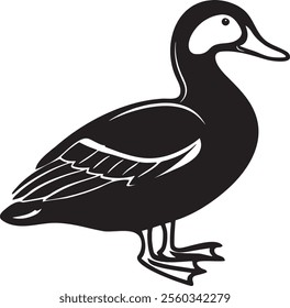 Vector illustration of a duck in a stylized black and white silhouette form, showcasing sharp and clean lines in a simplistic and elegant representation, 