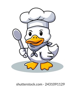 Ilustración vectorial de un pato con un sombrero de chef, su mano sosteniendo una cuchara en un dibujo animado y estilo plano aislado sobre fondo blanco