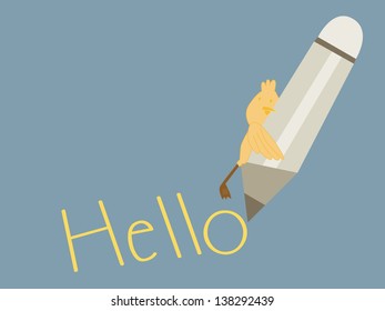 Vector and illustration of duck writing hello with a pencil