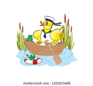 Vector illustration of a duckling sailor floats on a boat. Near the frog on the life preserver. White background.