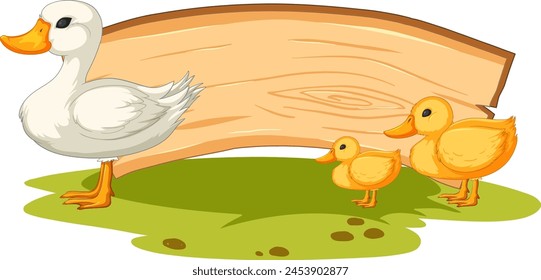 Vector illustration of ducks beside a wooden sign.