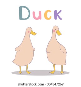 Vector illustration of ducks. Cute alphabet in vector. D letters. Funny cartoon.