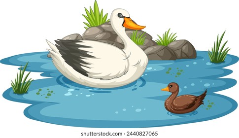 Vector illustration of ducks in a peaceful pond