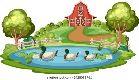 Vektor-Illustration von Enten schwimmen in einem Bauernteich