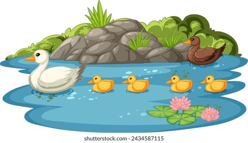 Vektor-Illustration von Enten, die in einem Teich schwimmen