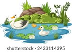 Vector illustration of ducks in a tranquil pond setting