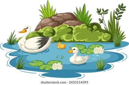 Vector illustration of ducks in a tranquil pond setting