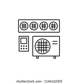 Vector illustration of ducted air conditioner with remote control panel. Line icon of heat regulation appliance. Climate equipment for home & office. Isolated object on white background.
