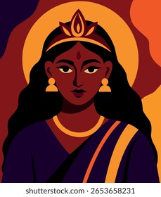 Ilustração vetorial de Dugra, Deusa Indiana, em cores radiantes celebrando o poder espiritual das mulheres durante o festival de Navratri. Ideal para cartões digitais, cartazes, saudações, avatares
