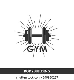 Vector illustration of a dumbbell with burst light rays. fitness or bodybuilding gym logo concept 