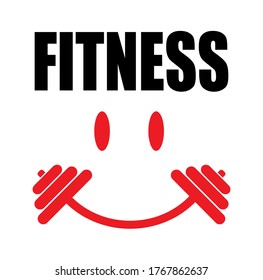 Vector illustration of a dumbbell forming a mouth smiling and with the word fitness.
