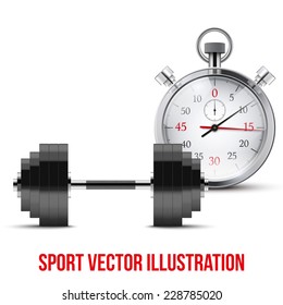 Vector Illustration of dumbbell and stopwatch. Background of training and timing.