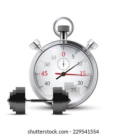 Vector Illustration of dumbbell and stopwatch. Background of training and timing. 