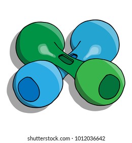 Vector illustration of dumbbells. Doodle. Hand drawn. Blue and green dumbbells.