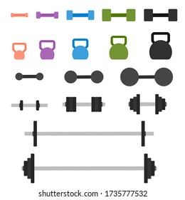 Vector illustration of dumbbells and kettlebells flat icons.