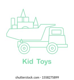 Vector illustration dump truck, cubes, blocks. Kid toys. Toy construction machinery. Primary school, elementary grade, kindergarten. Happy childhood activity. Design for game, website, textile, print.