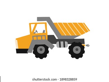 Vektorgrafik eines Müllwagens. Bergbaukipper Gelbes Auto. Flache Illustration auf weißem, isoliertem Hintergrund. Kinderwagen
