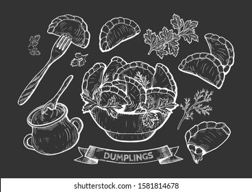 Vector illustration of dumplings set on black background. Dumpling on a fork, a bowl, sour cream in a clay pot with a spoon, parsley, cherry filling. 