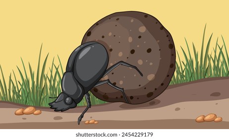 Vector illustration of a dung beetle pushing dung