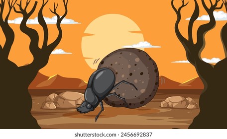 Vector illustration of a dung beetle pushing dung