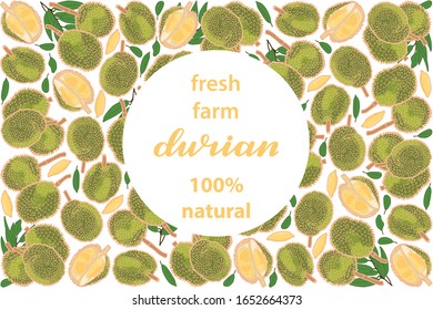 vector illustration of durian and leaf design with lettering durian background white text fresh farm 100% natural EPS10