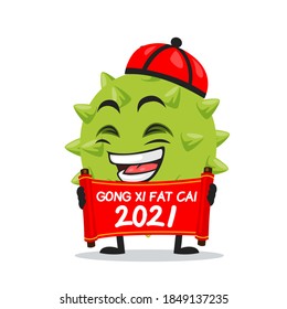 vector illustration of durian mascot or character holding red scroll and says happy chinese new year 2021