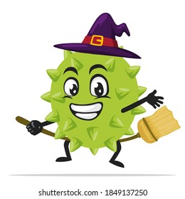 vector illustration of durian mascot or character wearing witch costume and ride flying broom