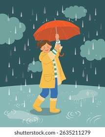 Vector illustration during the rainy season with a girl wearing a raincoat and holding an umbrella