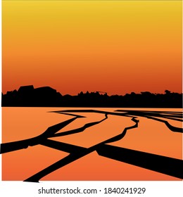 Vector illustration of dusk graphics in rice fields