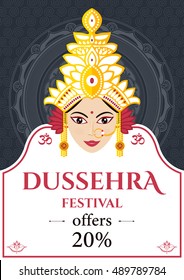 Vector illustration Dussehra festival offers with Beautiful face of Goddess Durga on against the backdrop of white mandala
