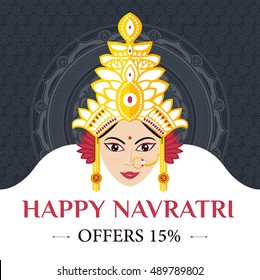 Vector illustration Dussehra festival offers with Beautiful face of Goddess Durga on against the backdrop of white mandala