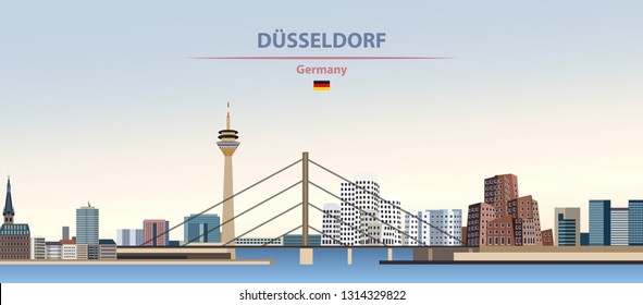 Vector illustration of Dusseldorf city skyline on colorful gradient beautiful day sky background with flag of Germany