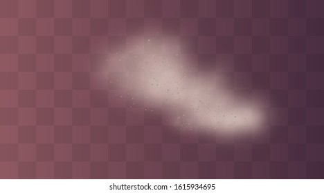 Vector illustration of dust and sand powder explosion scattered isolated on transparent background. Texture of thick desert dust fog and clouds smoke.