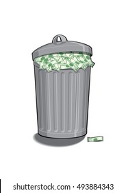 Vector illustration of a dustbin full of money on a white background