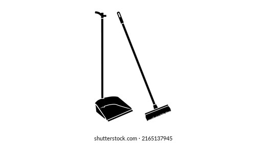 Vector illustration of a dustpan and brush. Cleaning supplies. The icon has a silhouette.