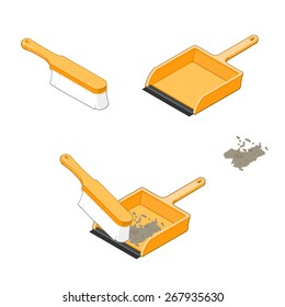 A vector illustration of a dustpan and brush for household cleaning.
Isometric spring cleaning icons.