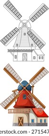 Vektorgrafik einer niederländischen Windmühle in detaillierter Linienkunst und lebendigem Farbstil