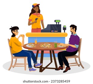 Vector illustration of Duty Free Shop and cafe in an airport and family spend time and eating there on a white isolated background.