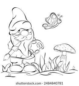 Vector illustration of dwarf, amanita mushroom and butterfly as coloring page for children elementary age. Black white lines.