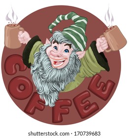 Vector illustration, dwarf with coffee, card concept.