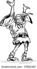 vector illustration of a dwarf or elf raising both hands isolated on white
