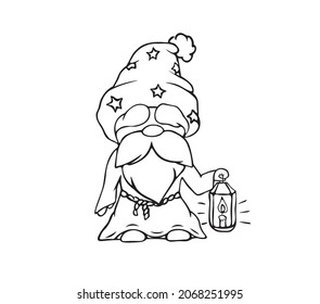 Vector illustration. A dwarf in a hat and dressing gown with a lantern. Christmas gnome with a beard and mustache holding a lantern with a candle in his hands. Black and white drawing coloring book. 