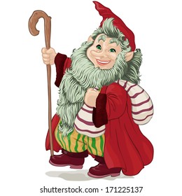 Vector illustration, dwarf with rod, cartoon concept, white background.