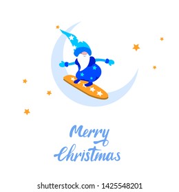 Vector illustration of a dwarf, Santa Claus, who rides a snowboard to congratulate people on a holiday. Can be used as an electronic or printed card, as a symbol of the holiday.