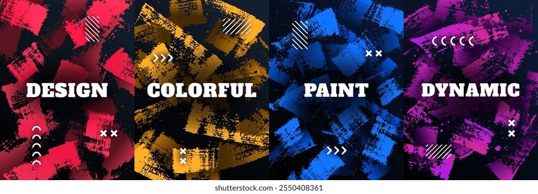 Ilustração vetorial. Coleção de plano de fundo dinâmica. Traçado do pincel de pintura de cor de gradiente com padrão de memphis. Elementos de design para cartaz, revista, capa, layout, brochura. Efeito em camadas com sombra