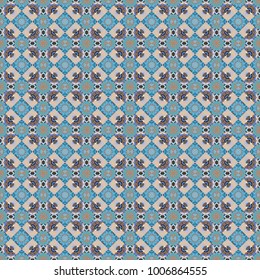 Vector illustration of dynamic composition made of blue, gray and beige colors rounded shapes lines in diagonal rhythm seamless pattern.