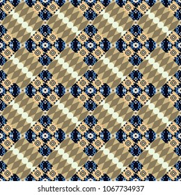 Vector illustration of dynamic composition made of black, blue and beige colors rounded shapes lines in diagonal rhythm seamless pattern.