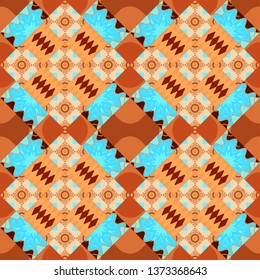 Vector illustration of dynamic composition made of beige, blue and orange colors rounded shapes lines in diagonal rhythm seamless pattern.